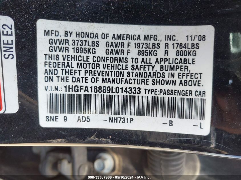 2009 Honda Civic Ex VIN: 1HGFA16889L014333 Lot: 39387966