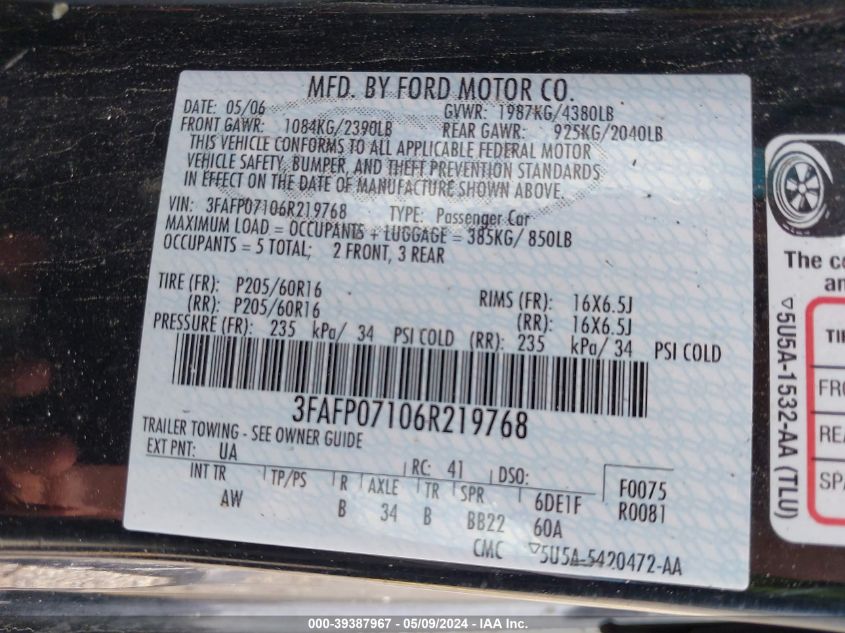 2006 Ford Fusion Se VIN: 3FAFP07106R219768 Lot: 39387967