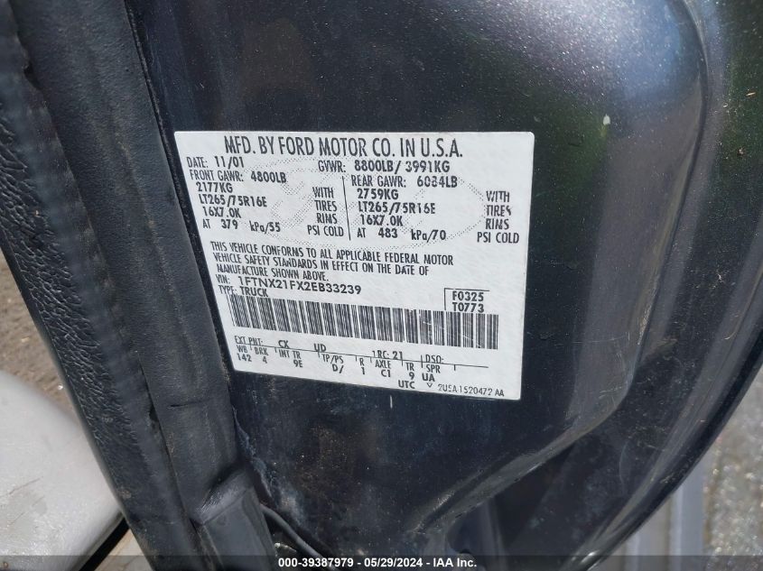 2002 Ford F-250 Lariat/Xl/Xlt VIN: 1FTNX21FX2EB33239 Lot: 39387979