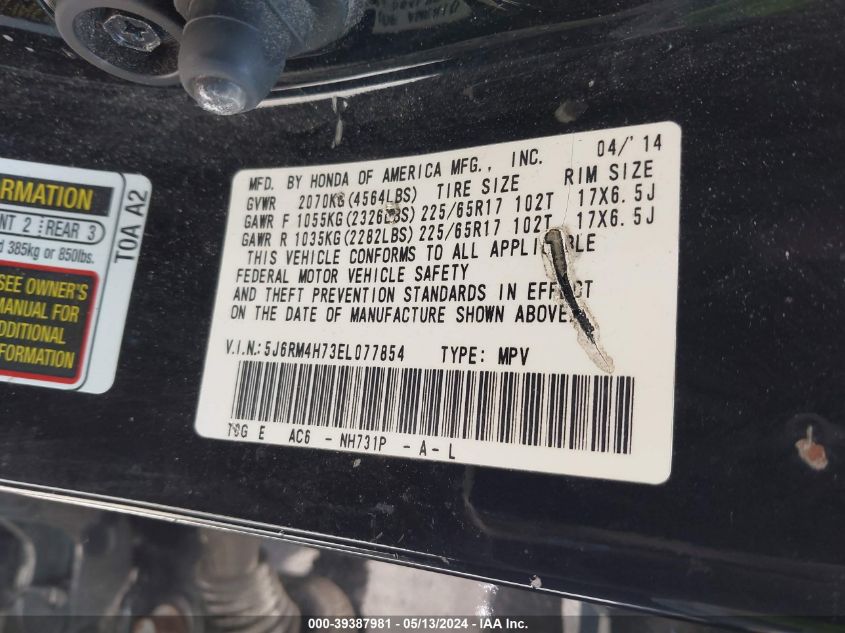 2014 Honda Cr-V Ex-L VIN: 5J6RM4H73EL077854 Lot: 39387981