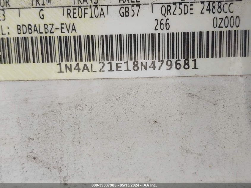 2008 Nissan Altima 2.5 S VIN: 1N4AL21E18N479681 Lot: 39387985