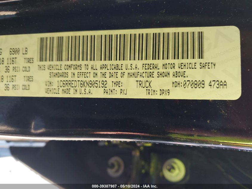 2019 Ram 1500 Laramie Quad Cab 4X2 6'4 Box VIN: 1C6RREDT6KN905192 Lot: 39387987