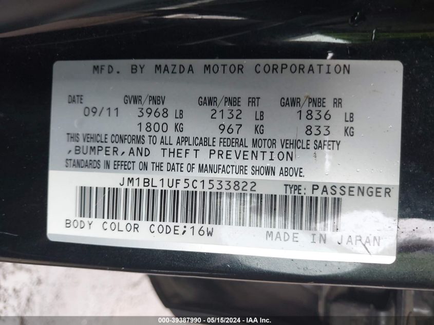 2012 Mazda Mazda3 I Sport VIN: JM1BL1UF5C1533822 Lot: 39387990