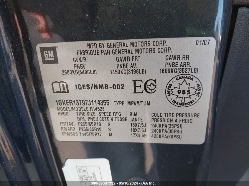 2007 GMC Acadia Sle-1 VIN: 1GKER13797J114355 Lot: 39387992