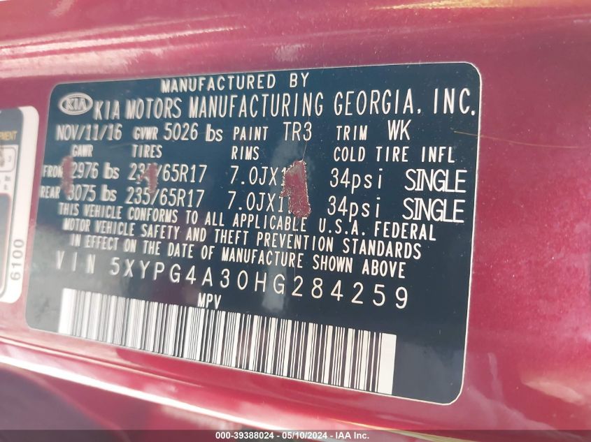 2017 Kia Sorento 2.4L Lx VIN: 5XYPG4A30HG284259 Lot: 39388024