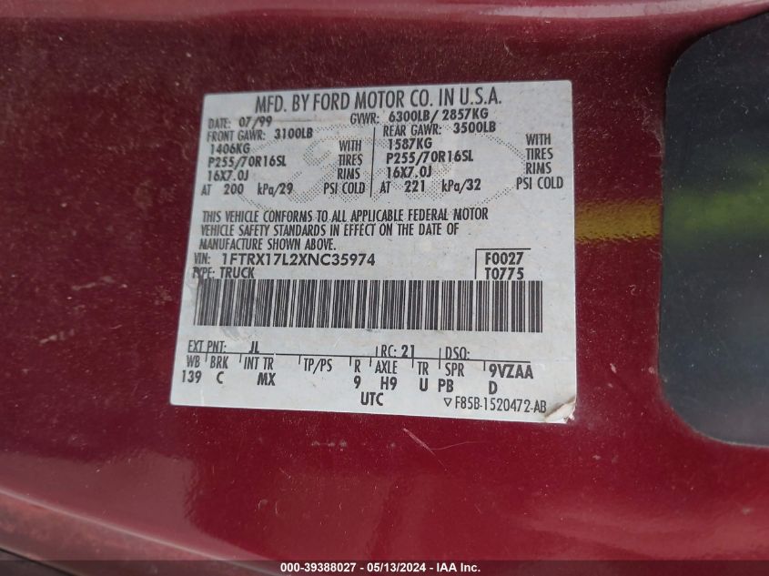1999 Ford F-150 Lariat/Xl/Xlt VIN: 1FTRX17L2XNC35974 Lot: 39388027