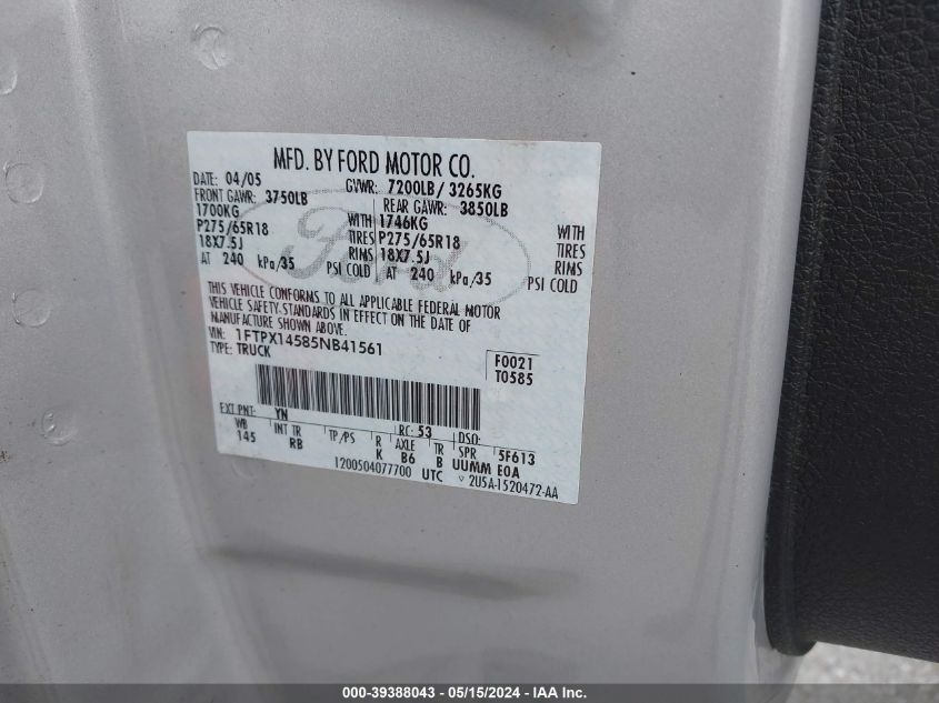 2005 Ford F-150 Fx4/Lariat/Xl/Xlt VIN: 1FTPX14585NB41561 Lot: 39388043