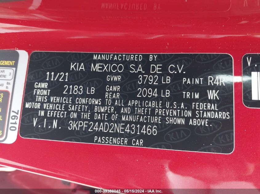 2022 Kia Forte Lxs VIN: 3KPF24AD2NE431466 Lot: 39388045