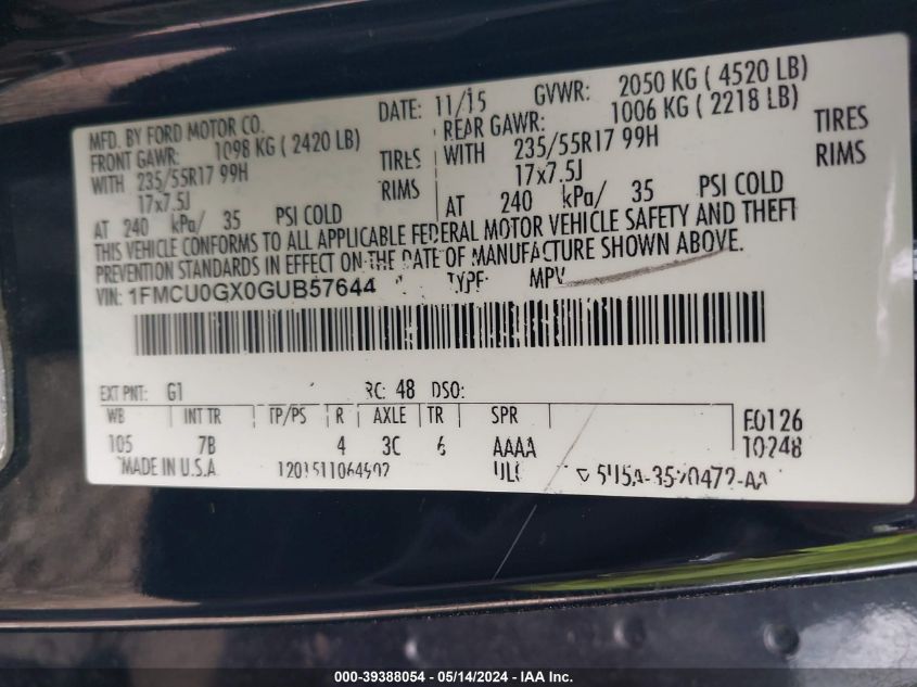 2016 Ford Escape Se VIN: 1FMCU0GX0GUB57644 Lot: 39388054