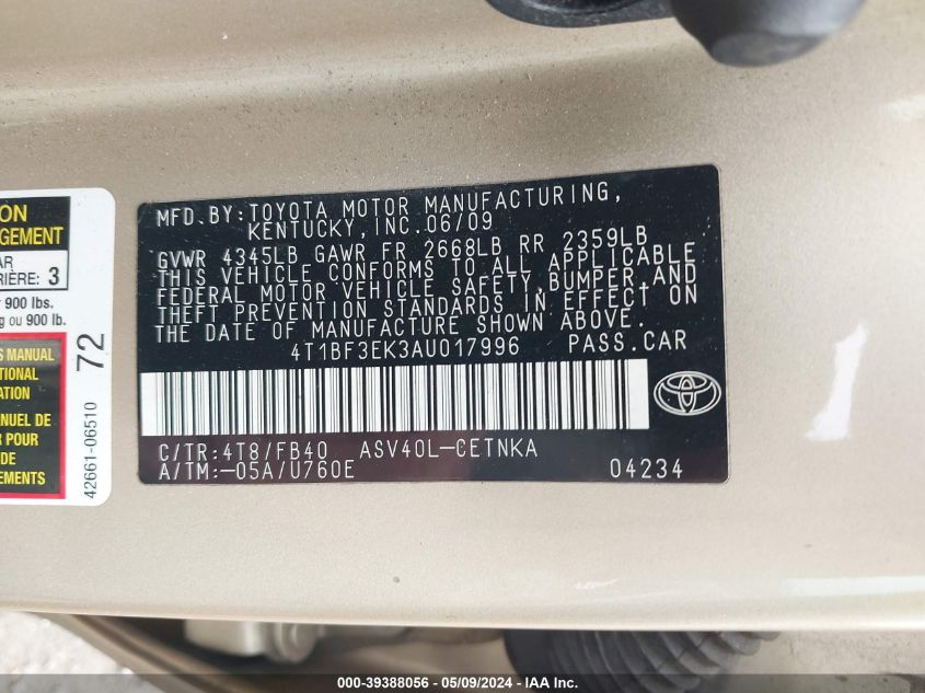 2010 Toyota Camry VIN: 4T1BF3EK3AU017996 Lot: 39388056