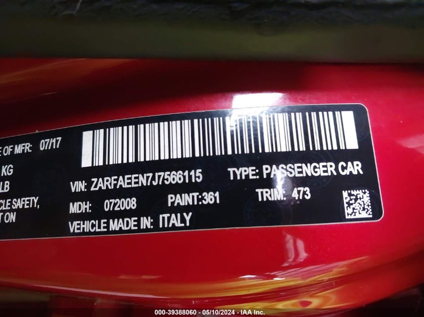 2018 Alfa Romeo Giulia Ti Sport Awd VIN: ZARFAEEN7J7566115 Lot: 39388060