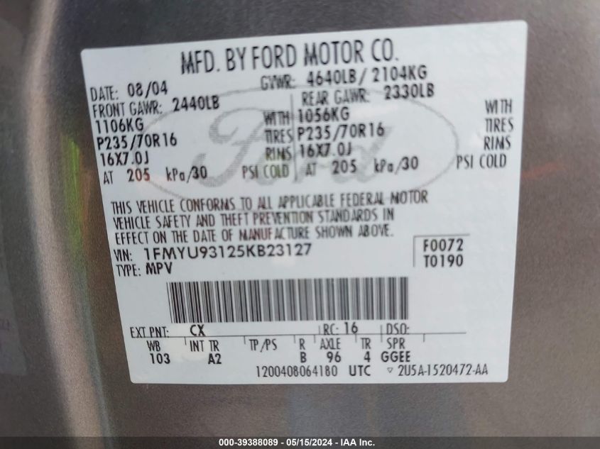 2005 Ford Escape Xlt VIN: 1FMYU93125KB23127 Lot: 39388089