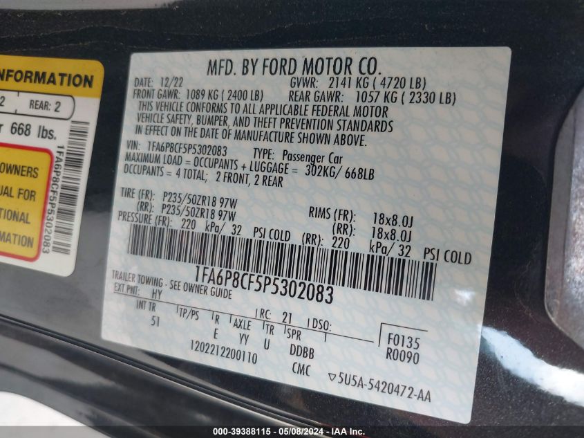 2023 Ford Mustang Gt Premium Fastback VIN: 1FA6P8CF5P5302083 Lot: 39388115