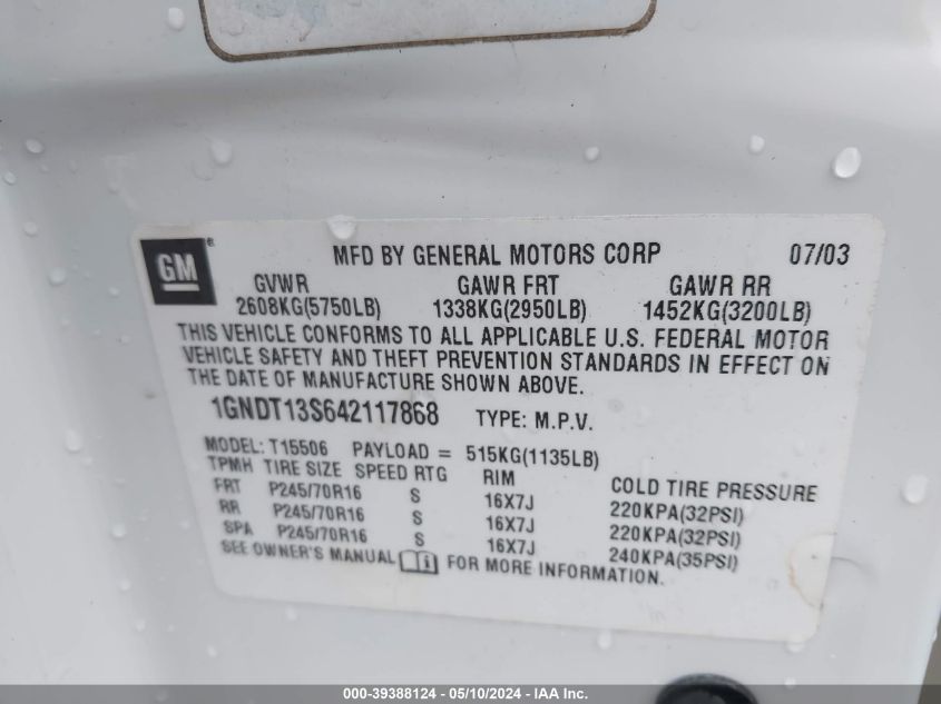 2004 Chevrolet Trailblazer Ls VIN: 1GNDT13S642117868 Lot: 39388124