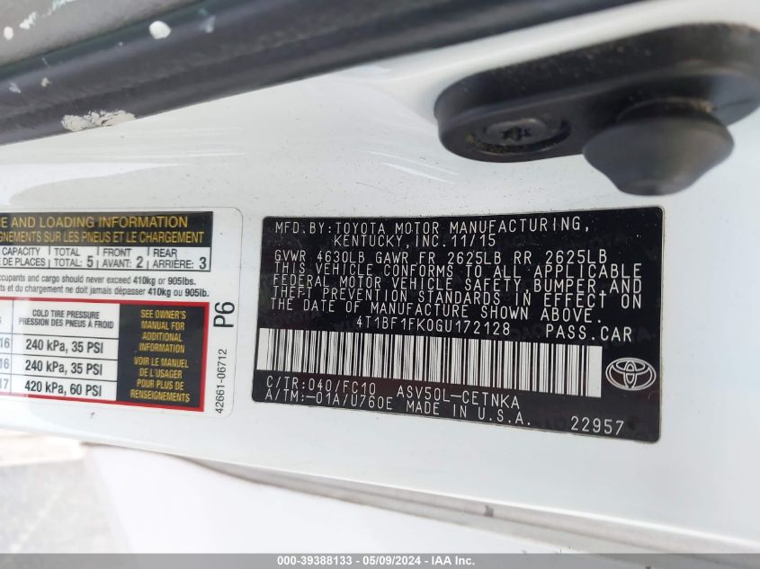 2016 Toyota Camry Le VIN: 4T1BF1FK0GU172128 Lot: 39388133