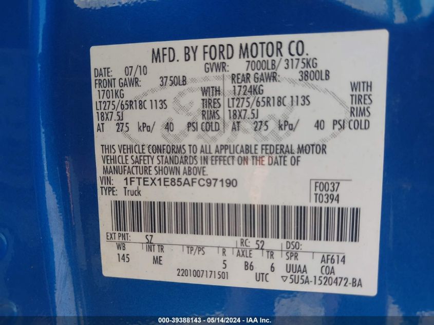 2010 Ford F-150 Stx/Xl/Xlt VIN: 1FTEX1E85AFC97190 Lot: 39388143