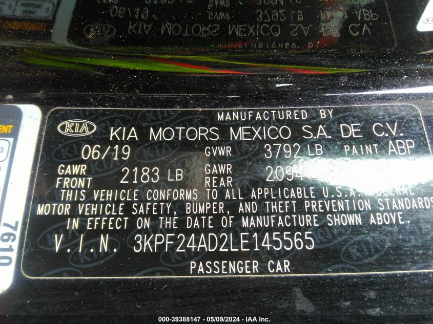 2020 Kia Forte Lxs VIN: 3KPF24AD2LE145565 Lot: 39388147