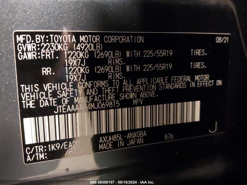 2021 Toyota Venza Xle VIN: JTEAAAAH4MJ069815 Lot: 39388157