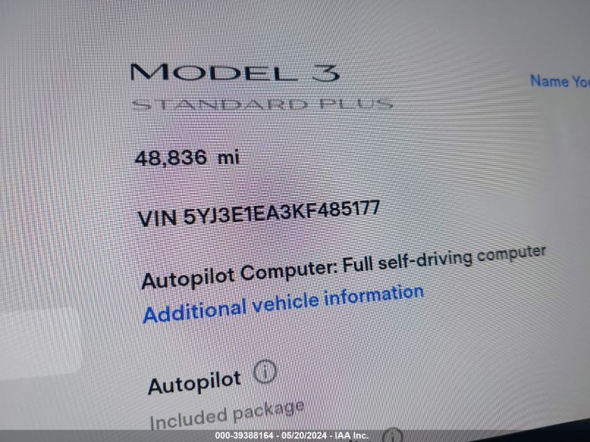 2019 Tesla Model 3 Long Range/Mid Range/Standard Range/Standard Range Plus VIN: 5YJ3E1EA3KF485177 Lot: 39388164