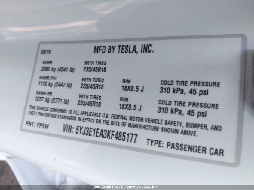 2019 TESLA MODEL 3 LONG RANGE/MID RANGE/STANDARD RANGE/STANDARD RANGE PLUS - 5YJ3E1EA3KF485177