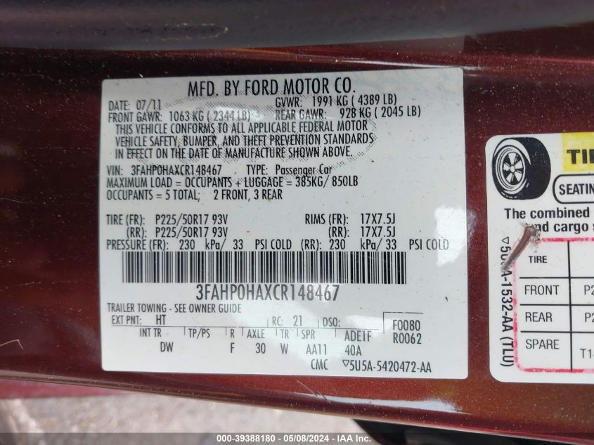 2012 Ford Fusion Se VIN: 3FAHP0HAXCR148467 Lot: 39388180