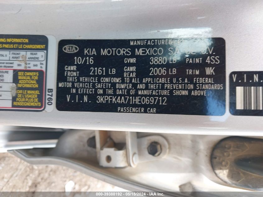 2017 Kia Forte Lx VIN: 3KPFK4A71HE069712 Lot: 39388192