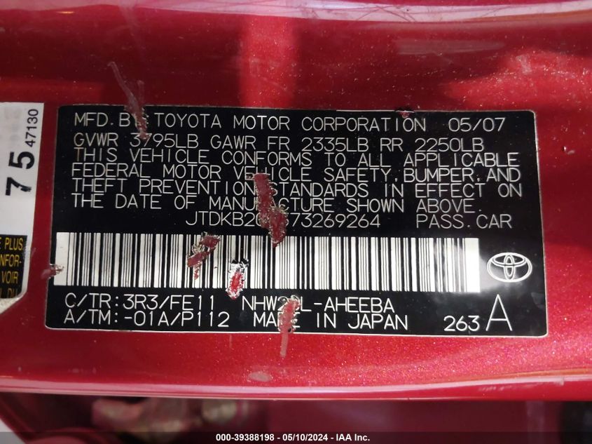 2007 Toyota Prius VIN: JTDKB20U373269264 Lot: 39388198