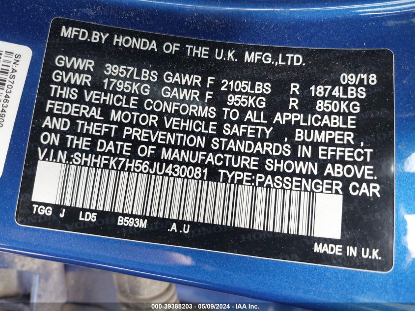 2018 Honda Civic Ex VIN: SHHFK7H56JU430081 Lot: 39388203