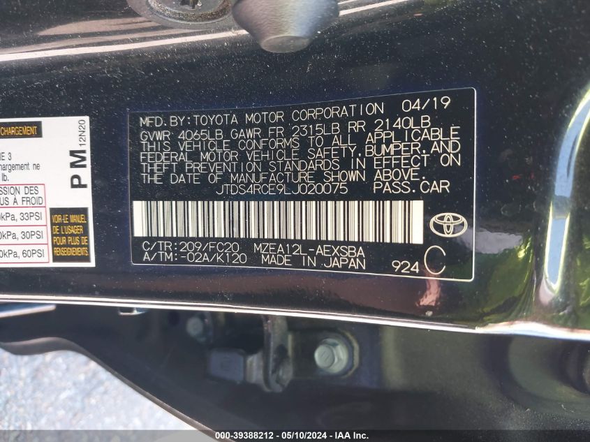 2020 TOYOTA COROLLA VIN: JTDS4RCE9LJ020075