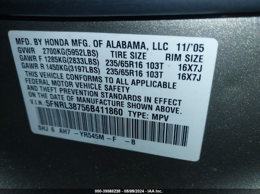 2006 Honda Odyssey Ex-L VIN: 5FNRL38756B411860 Lot: 39388226