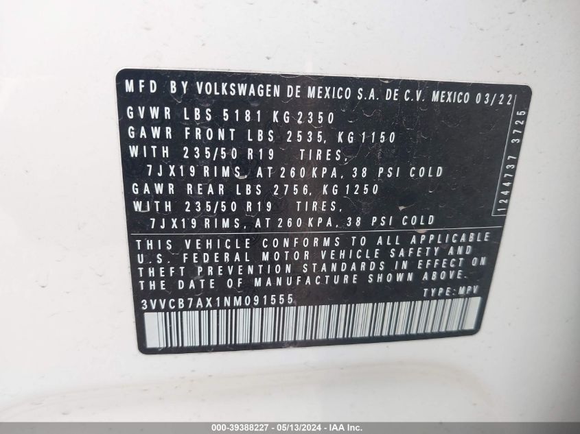 2022 Volkswagen Tiguan 2.0T Se R-Line Black VIN: 3VVCB7AX1NM091555 Lot: 39388227