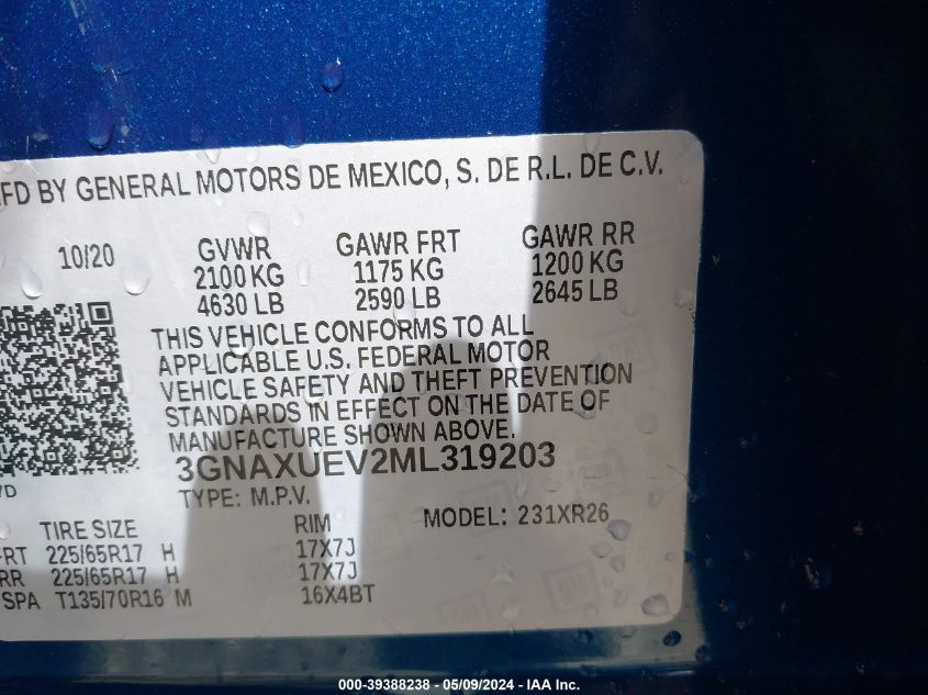 2021 Chevrolet Equinox Awd Lt VIN: 3GNAXUEV2ML319203 Lot: 39388238