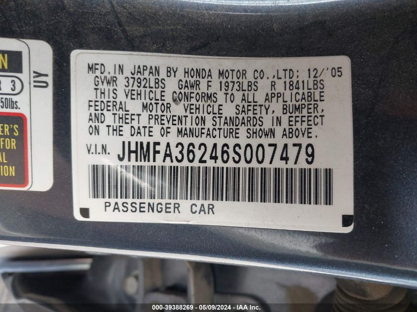 2006 Honda Civic Hybrid VIN: JHMFA36246S007479 Lot: 39388269