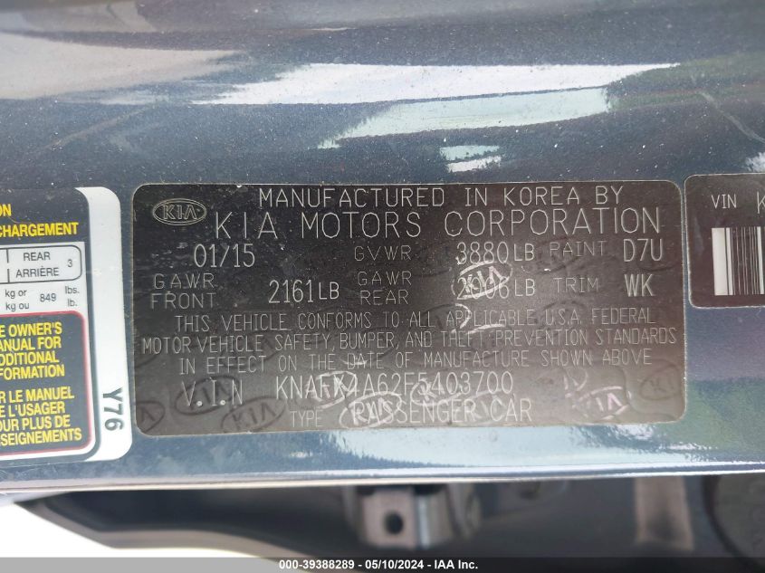 2015 Kia Forte Lx VIN: KNAFX4A62F5403700 Lot: 39388289
