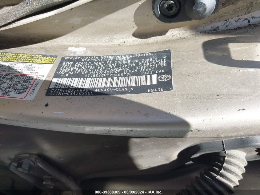 2007 Toyota Camry Le VIN: 4T1BE46K77U565760 Lot: 39388309