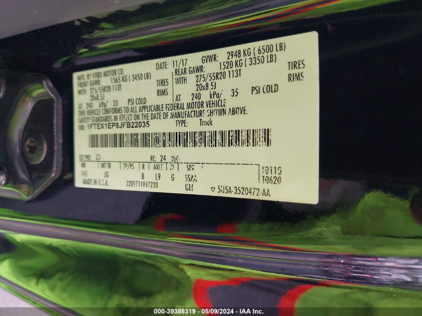 2018 Ford F-150 Xl VIN: 1FTEX1EP8JFB22035 Lot: 39388319