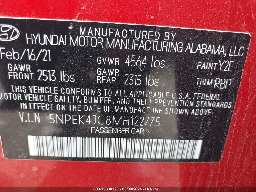 2021 Hyundai Sonata N Line VIN: 5NPEK4JC8MH122775 Lot: 39388328