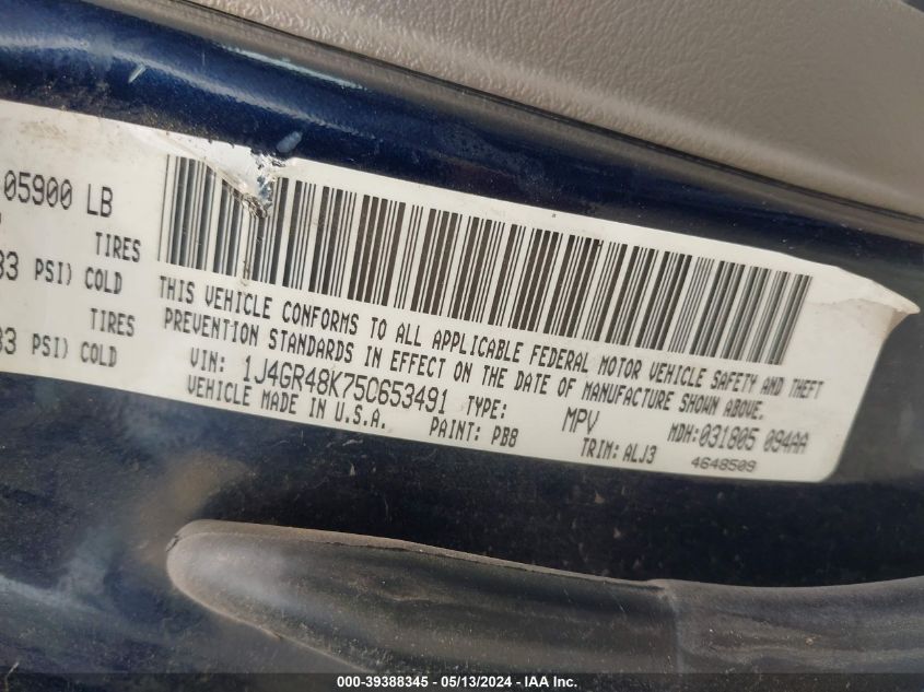 2005 Jeep Grand Cherokee Laredo VIN: 1J4GR48K75C653491 Lot: 39388345