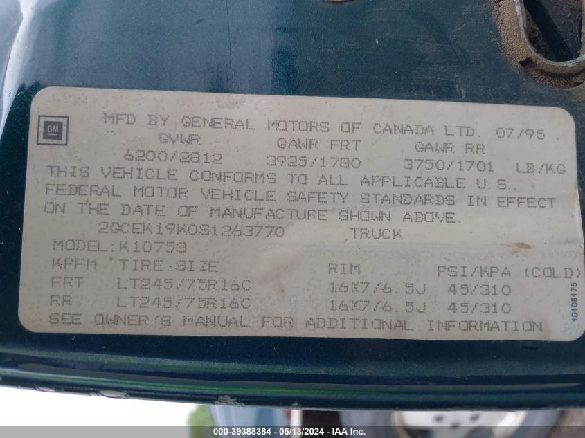 1995 Chevrolet Gmt-400 K1500 VIN: 2GCEK19K0S1263770 Lot: 39388384