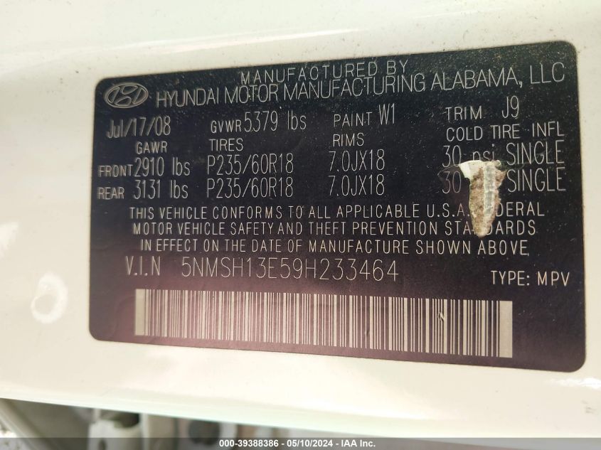 2009 Hyundai Santa Fe Se VIN: 5NMSH13E59H233464 Lot: 39388386