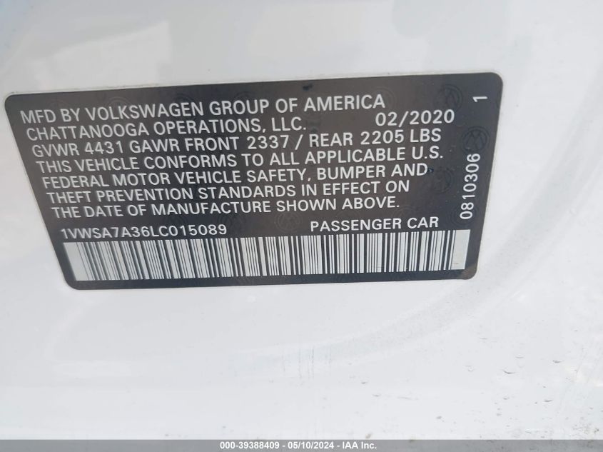2020 VOLKSWAGEN PASSAT SE - 1VWSA7A36LC015089