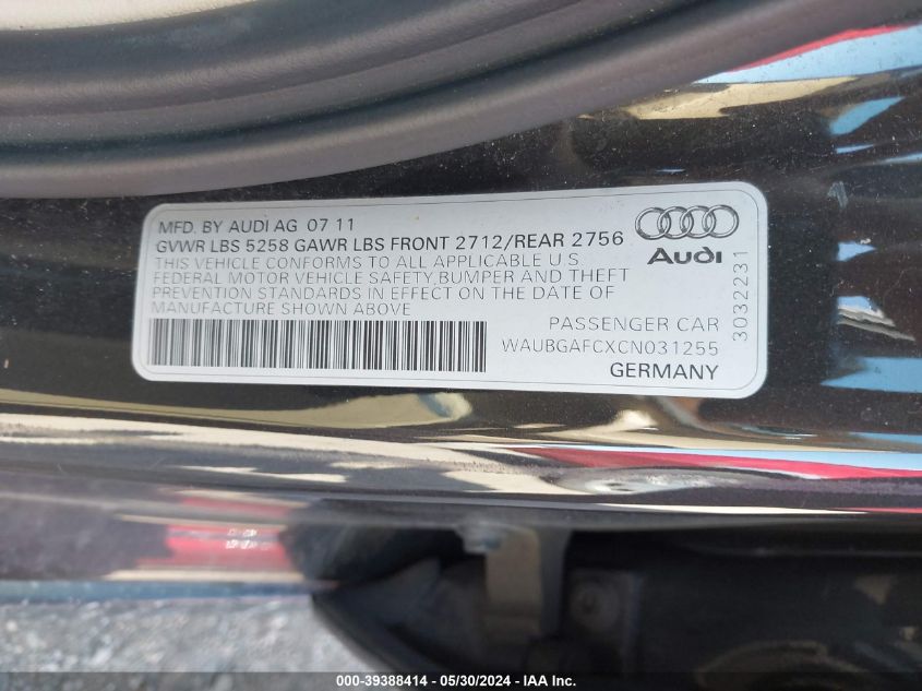 2012 Audi A6 3.0 Premium VIN: WAUBGAFCXCN031255 Lot: 39388414