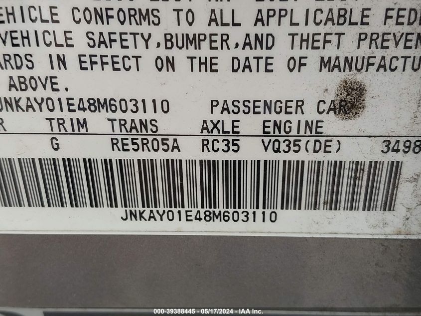 2008 Infiniti M35 VIN: JNKAY01E48M603110 Lot: 39388445