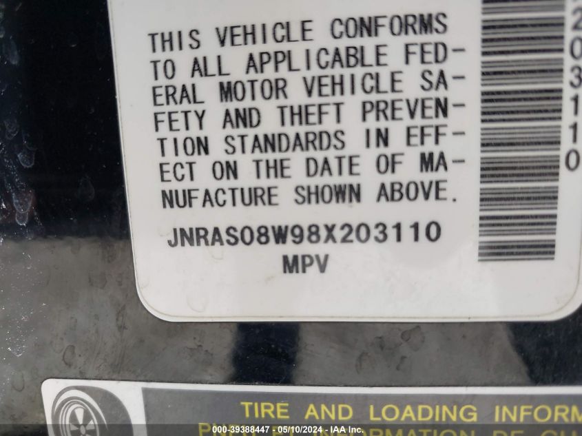 2008 Infiniti Fx35 VIN: JNRAS08W98X203110 Lot: 39388447