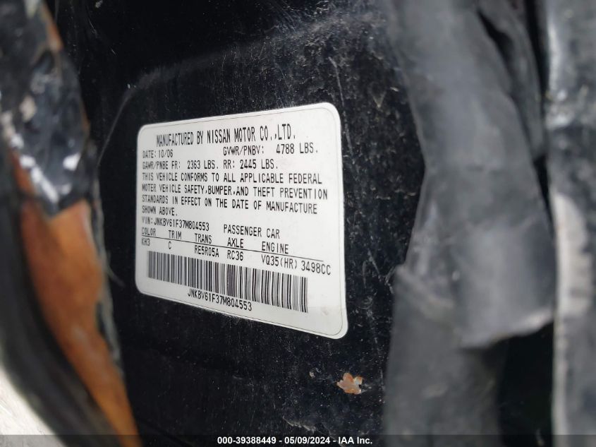 2007 Infiniti G35X VIN: JNKBV61F37M804553 Lot: 39388449