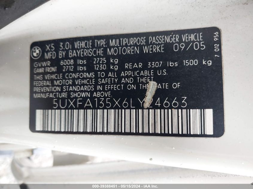 2006 BMW X5 3.0I VIN: 5UXFA135X6LY24663 Lot: 39388451
