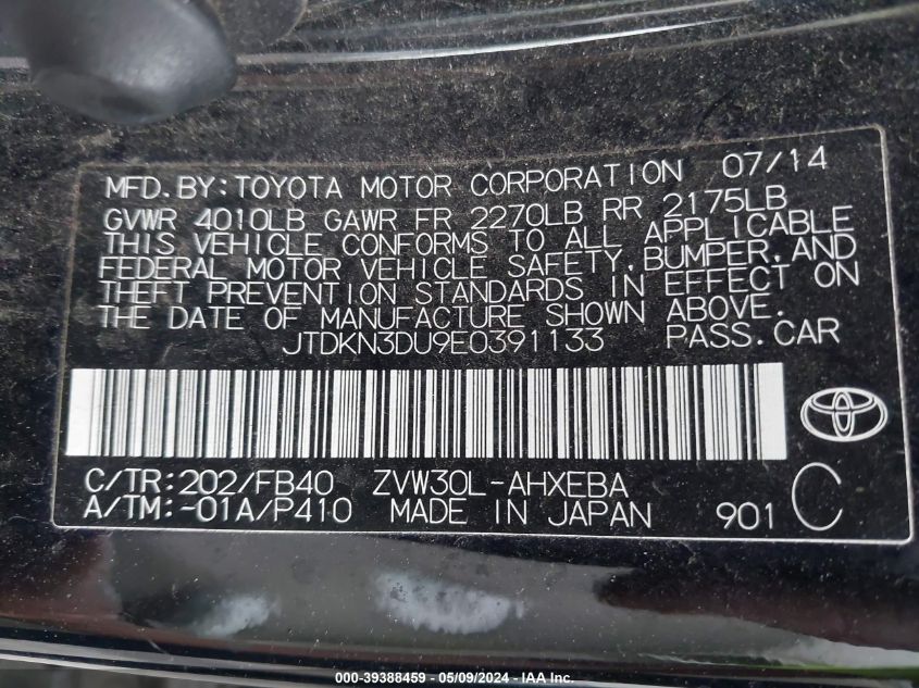 2014 Toyota Prius Two VIN: JTDKN3DU9E0391133 Lot: 39388459