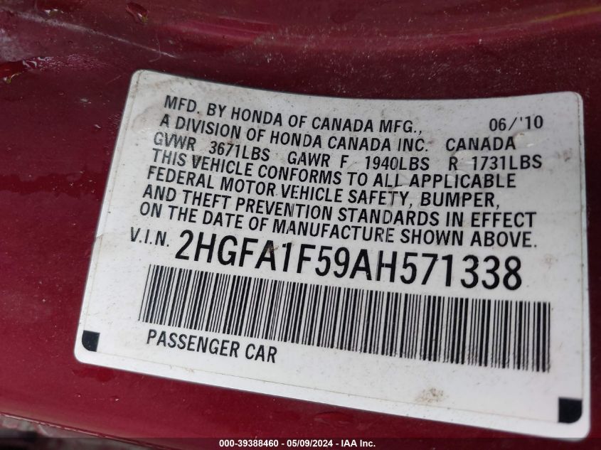 2010 Honda Civic Lx VIN: 2HGFA1F59AH571338 Lot: 39388460