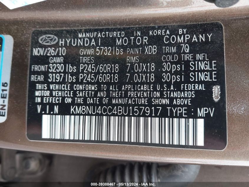 2011 Hyundai Veracruz Limited VIN: KM8NU4CC4BU157917 Lot: 39388467