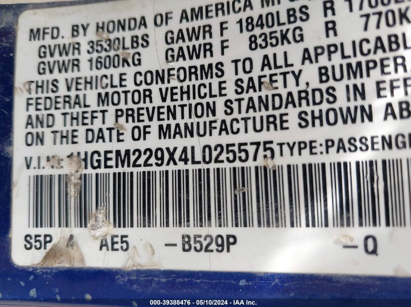 2004 Honda Civic Ex VIN: 1HGEM229X4L025575 Lot: 39388476